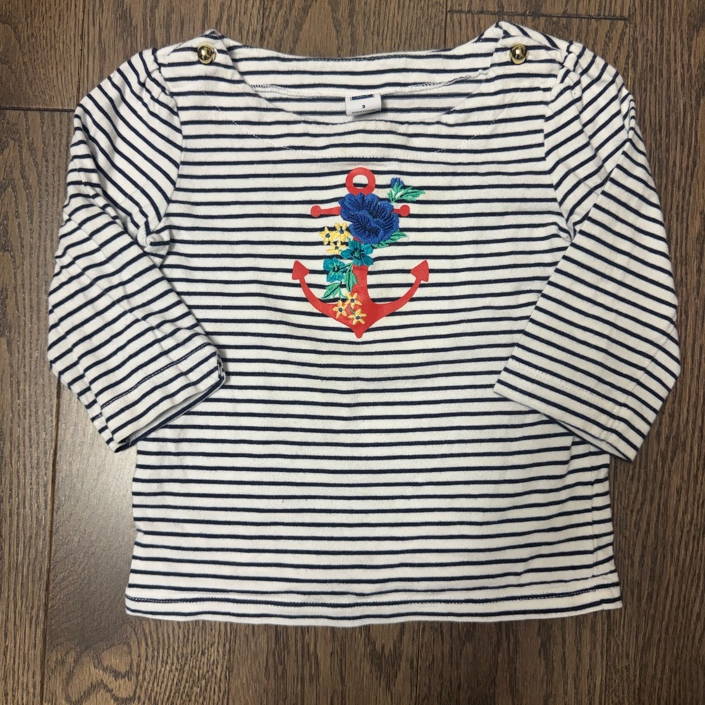 Janie and Jack Navy & White Striped Long Sleeve Top with Red Anchor size 3